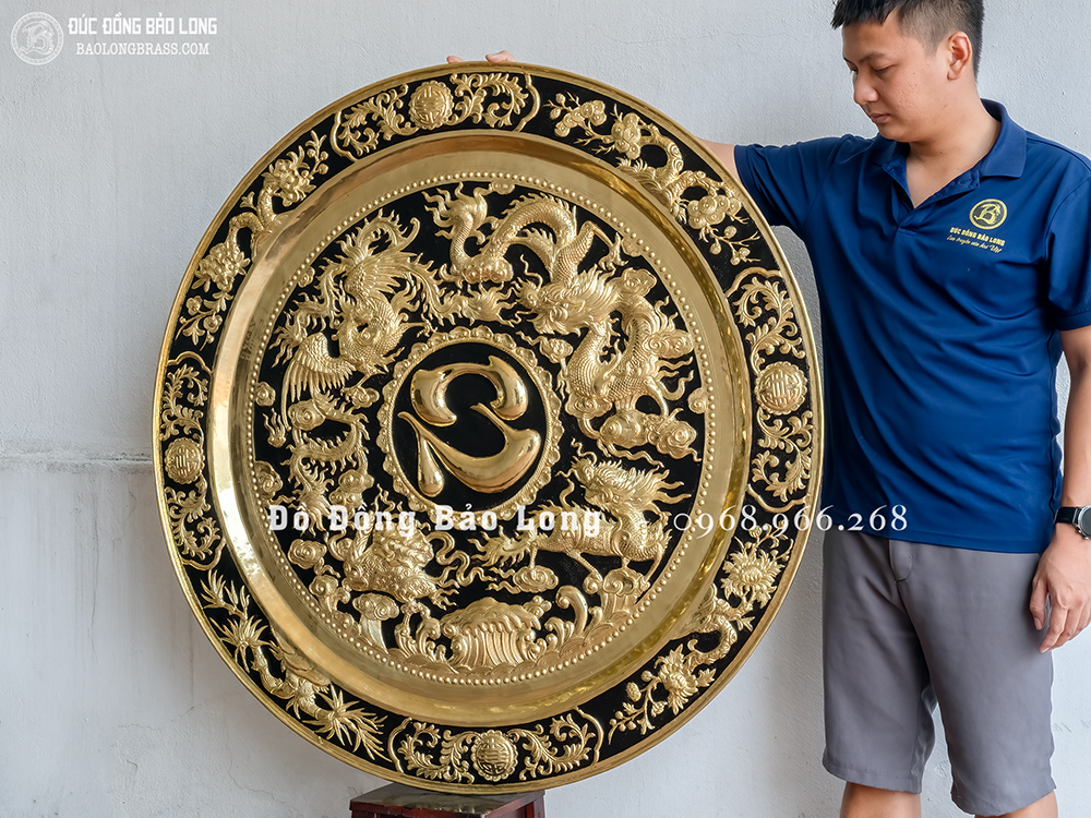Mâm đồng Tứ Linh Long Ly Quy Phụng chữ Tâm bằng đồng ĐK 1m2