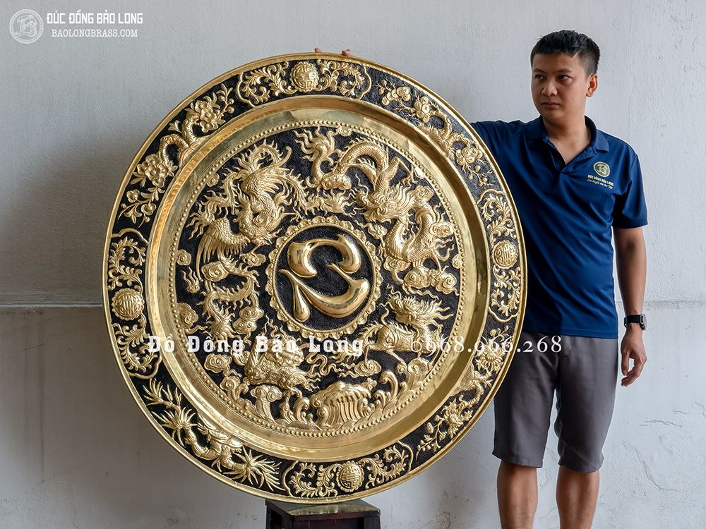 Mâm đồng Tứ Linh Long Ly Quy Phụng chữ Tâm bằng đồng ĐK 1m2