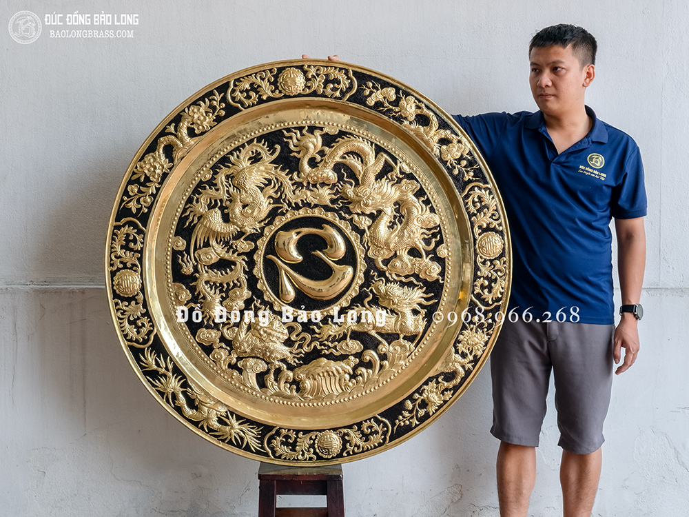 Tranh Mâm Đồng Cửu Long Quần Tranh Châu Bằng Đồng Vàng ĐK 1m88