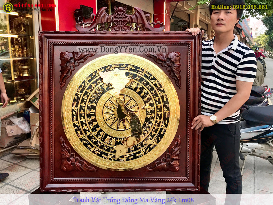mặt trống đồng hình bản đồ mạ vàng 24k 80cm khung gụ 1m08