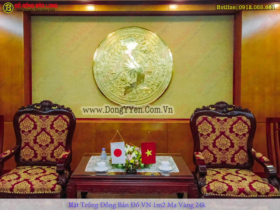 Mặt trống đồng bản đồ và địa danh nổi tiếng 3 miền 1m27 mạ vàng 24k