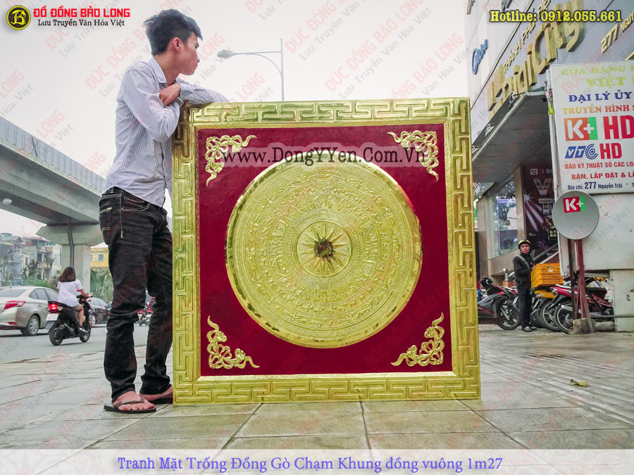 tranh mặt trống đồng khung liền đồng vuông 1m27, mặt trống dk 88cm