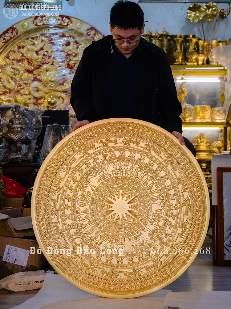 mặt trống đồng đúc nổi bằng đồng đỏ dát vàng 24k đk 1m