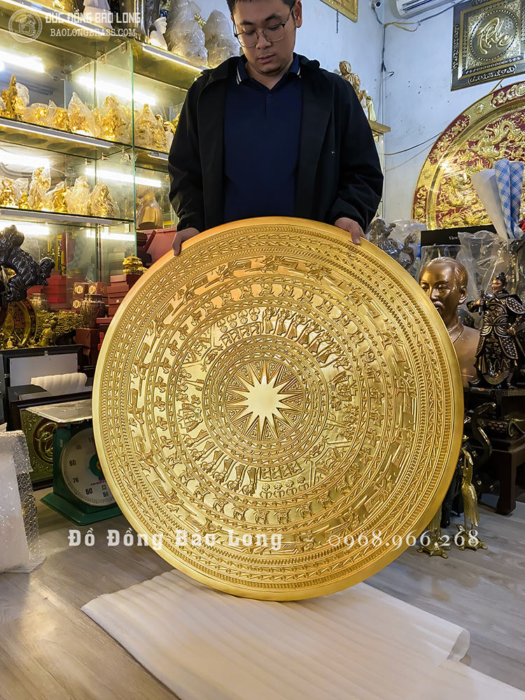 mặt trống đồng đúc nổi bằng đồng đỏ dát vàng 24k đk 1m