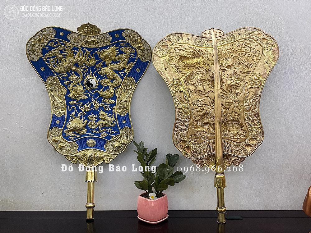 Đôi Quạt Ba Tiêu bằng đồng 78cm x 50cm giá gỗ Lim