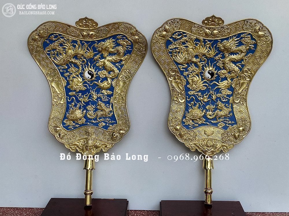 Đôi Quạt Ba Tiêu bằng đồng 78cm x 50cm giá gỗ Lim
