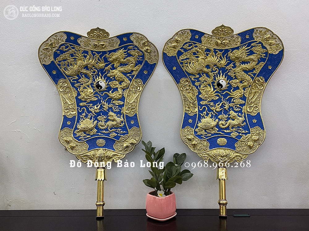 Đôi Quạt Ba Tiêu bằng đồng 78cm x 50cm giá gỗ Lim