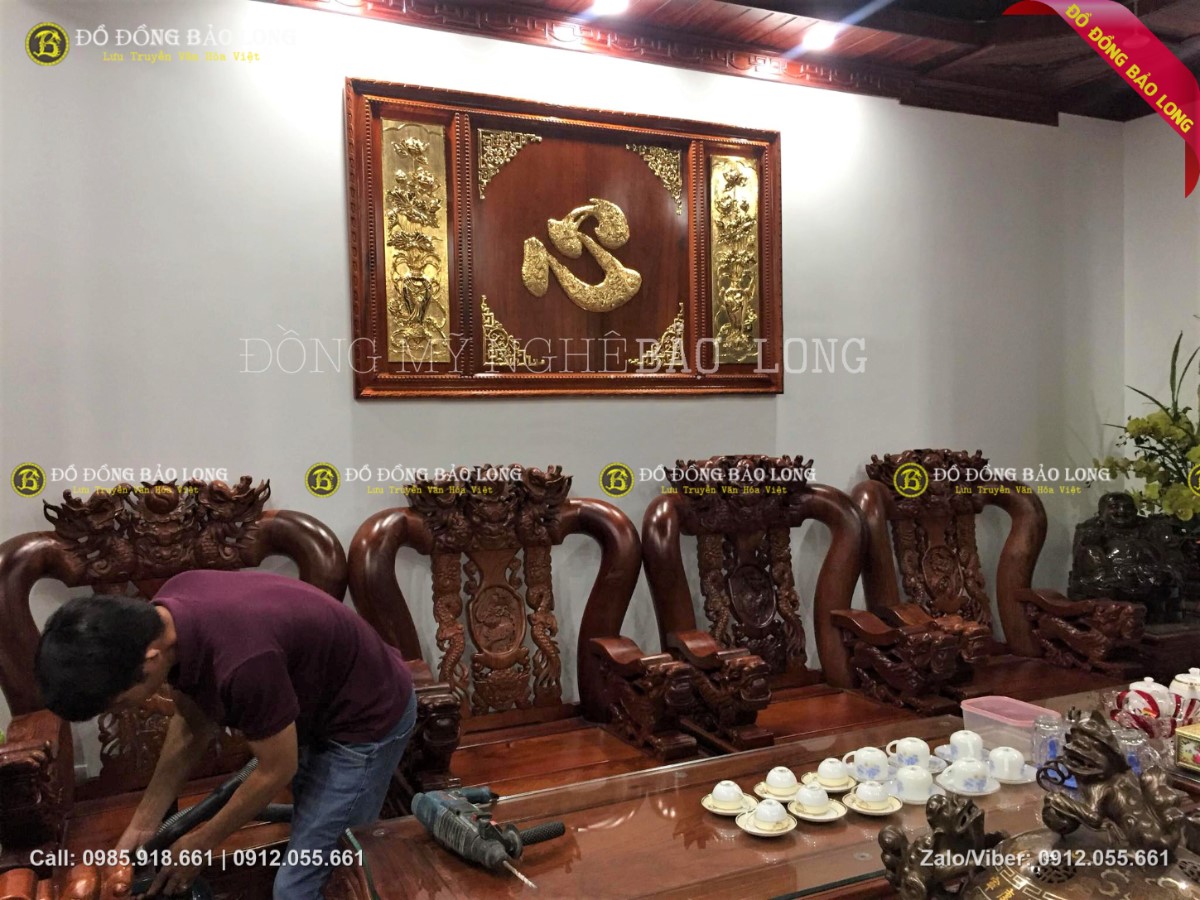 tranh chữ tâm cá chép mạ vàng 24k