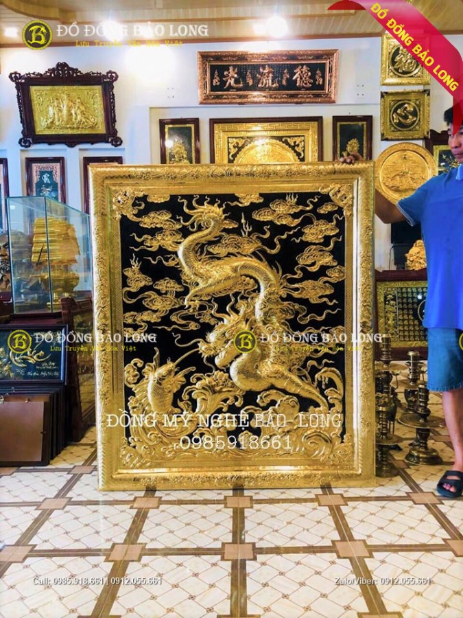 tranh long quấn thủy mạ vàng 24k