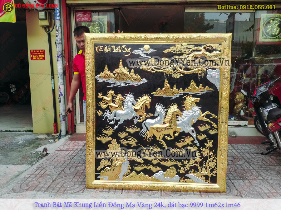 tranh bát mã khung đồng mạ vàng dát bạc 1m62