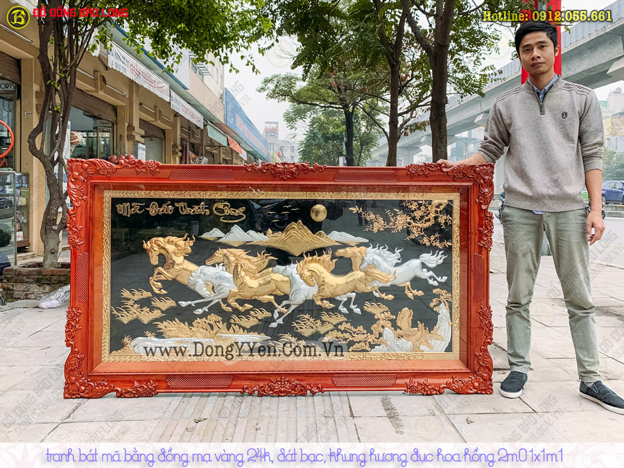 tranh bát mã mạ vàng dát bạc 2m01