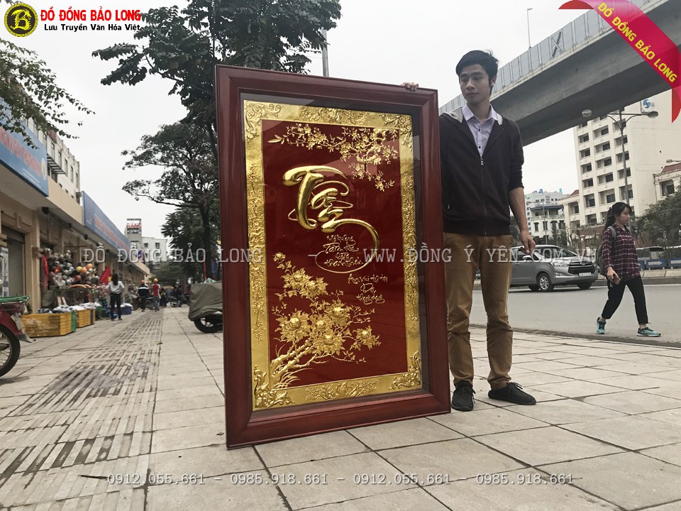 khung tranh chữ tâm mạ vàng 1m55 bằng gỗ gụ