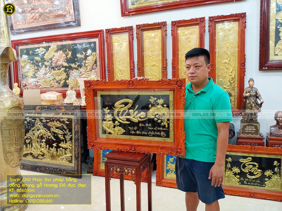 Tranh chữ phúc thư pháp bằng đồng khung gỗ hương đá đục