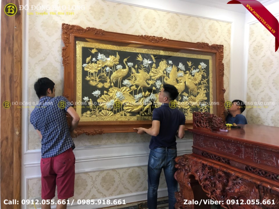 tranh sen hạc bằng đồng mạ vàng dát bạc