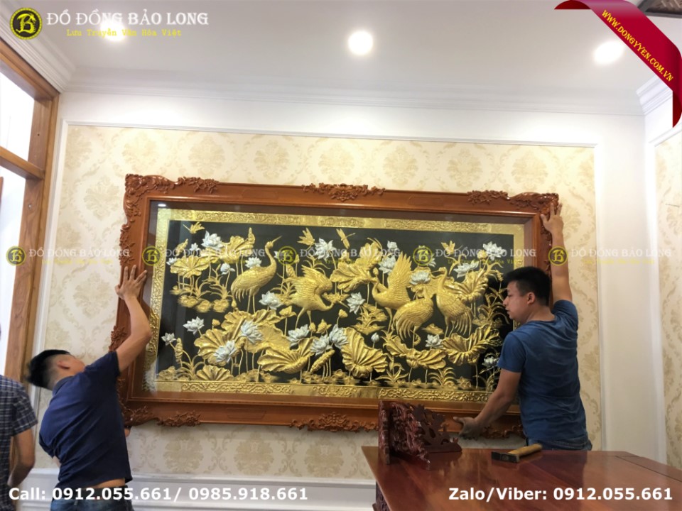 tranh sen hạc bằng đồng