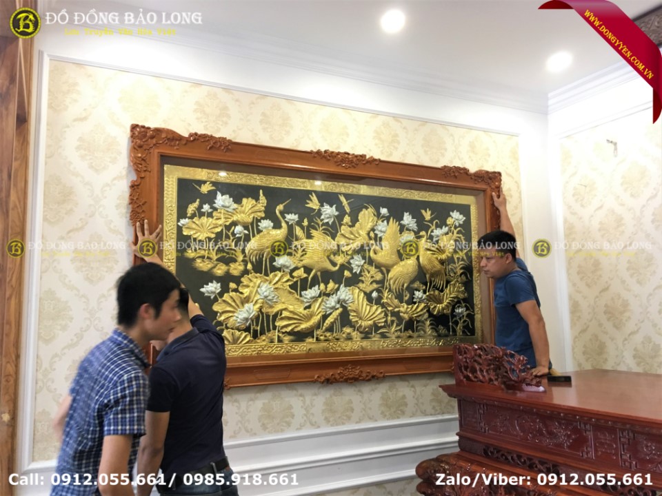 tranh sen hạc mạ vàng dát bạc
