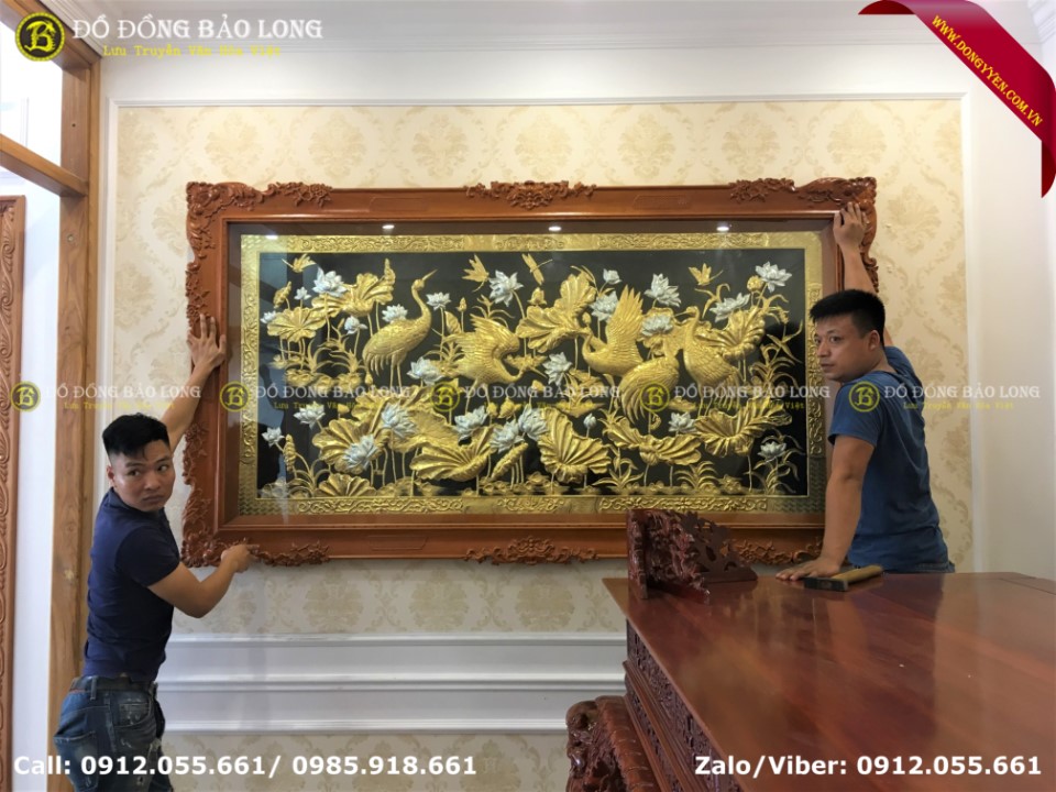 tranh sen hạc bằng đồng mạ vàng dát bạc