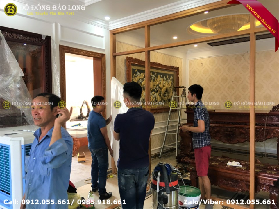 tranh sen hạc bằng đồng dát bạc