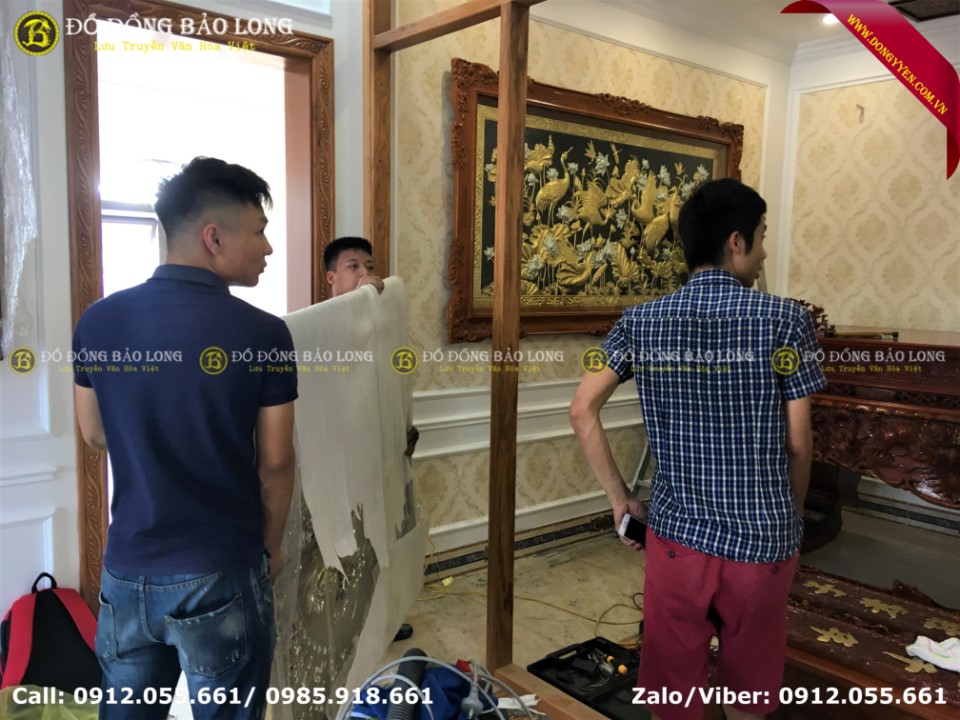 tranh sen hạc bằng đồng mạ vàng dát bạc