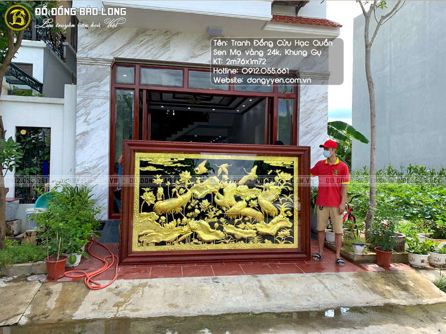 tranh đồng cửu hạc quần sen mạ vàng 24k khung gụ