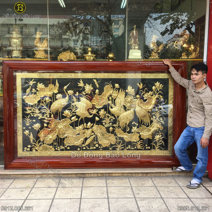 Tranh Đồng Sen Hạc Mạ Vàng 24k 2m62