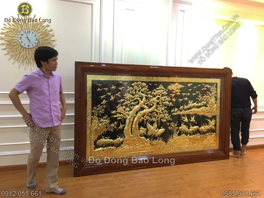 tranh bách hạc quần tùng mạ vàng 24k 2m62