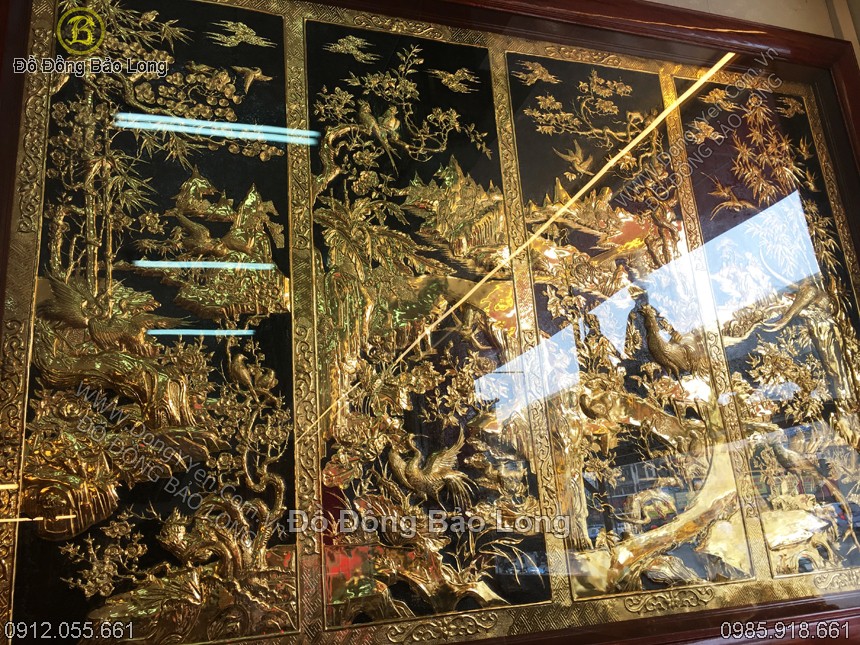 tranh tứ quý liền dải được gò chạm toàn bộ bằng tay từ đống vàng 8rem