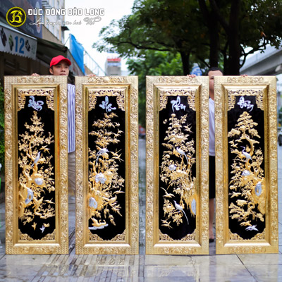Tranh Tứ Quý Mạ Vàng Dát Bạc Khung Liền Đồng 1m55x55cm