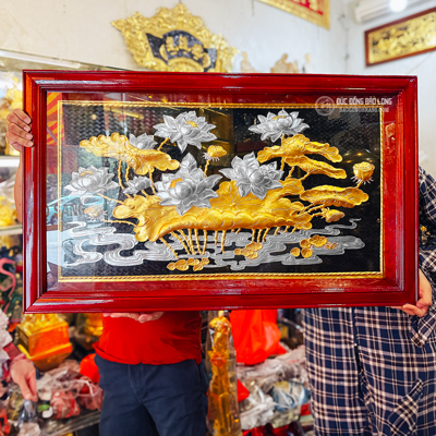 Tranh Hoa Sen Bằng Đồng Dát Vàng, Bạc Khổ 1m x 60cm
