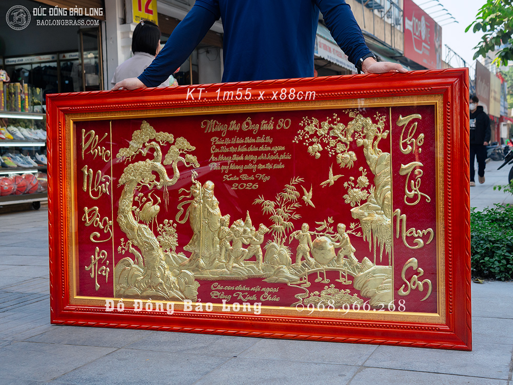 Tranh Mừng Thọ Cụ Ông 80 Tuổi, Cụ Bà 70 Tuổi Bằng Đồng Khổ 1m55 x 88cm