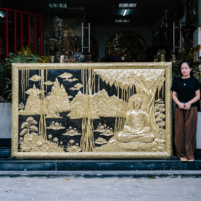 Tranh Phật Thích Ca Ngồi Thiền Bằng Đồng Vàng Khung Liền Đồng Khổ 2m61 x 1m55