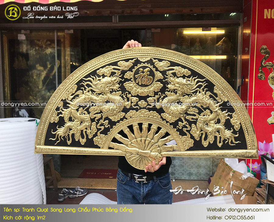 tranh quạt song long chầu phúc bằng đồng kích thước 1m2