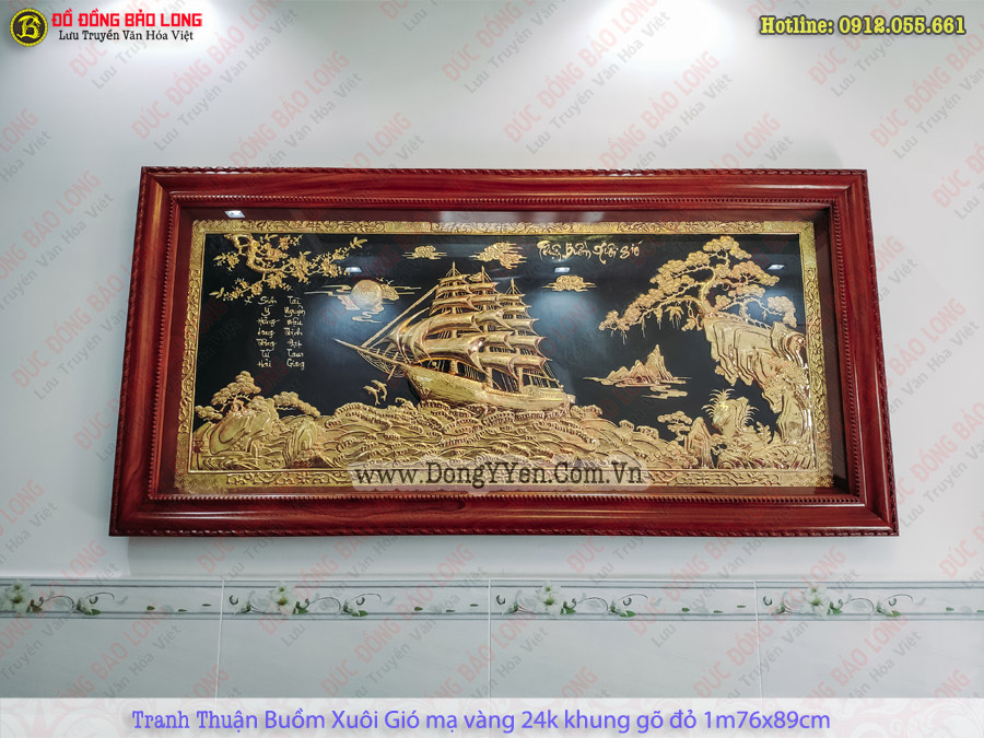 tranh thuận buồm xuôi gió mạ vàng 24k khung gõ đỏ 1m76