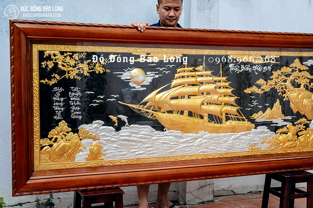 Tranh Thuận Buồm Xuôi Gió bằng đồng dát vàng bạc 24K Khổ 2m4 x 1m