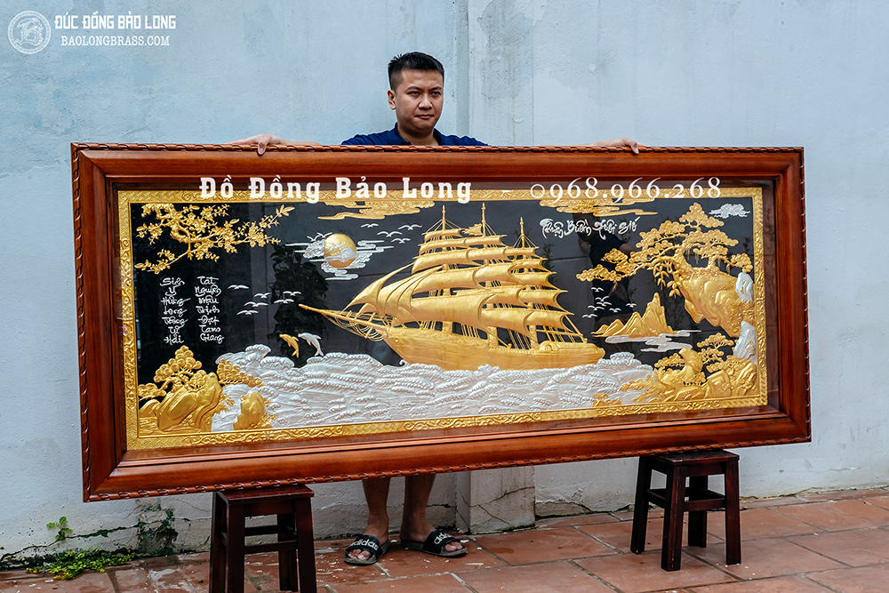 Tranh Thuận Buồm Xuôi Gió bằng đồng dát vàng bạc 24K Khổ 2m4 x 1m