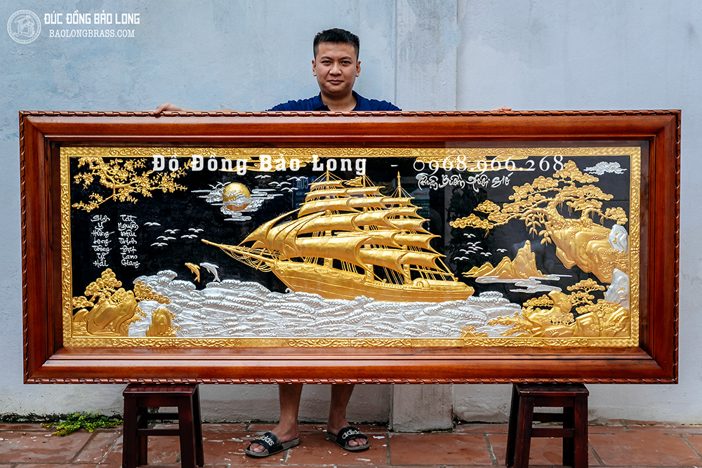 Tranh Thuận Buồm Xuôi Gió bằng đồng dát vàng bạc 24K Khổ 2m4 x 1m