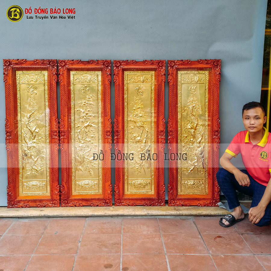 Bộ Tứ Quý Bằng Đồng khung Gỗ Hương Mạ Vàng 24k 1m33