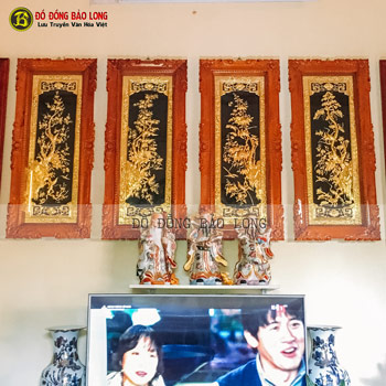 Tranh Tứ Qúy Bằng Đồng 1m07 Mạ Vàng Khung Gỗ Gõ Đỏ