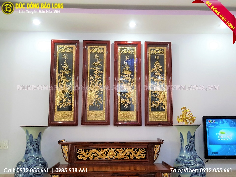 tranh tứ quý bằng đồng mạ vàng
