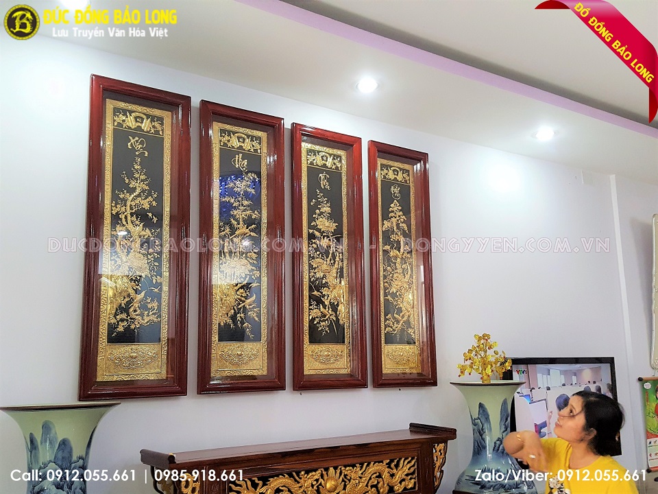 tranh tứ quý bằng đồng mạ vàng