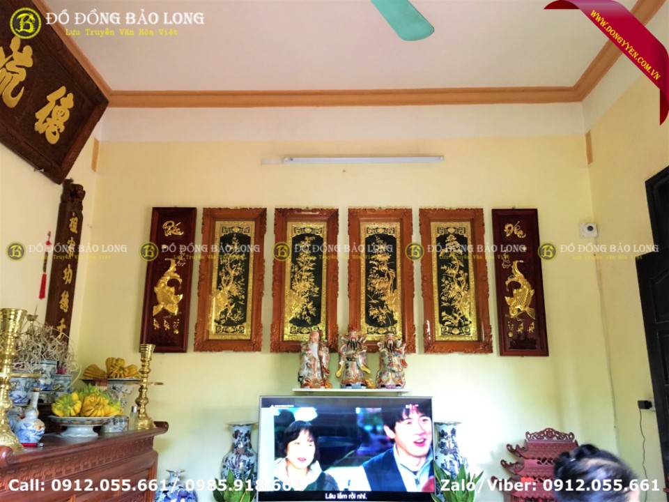 tranh tứ quý bằng đồng 1m07 mạ vàng