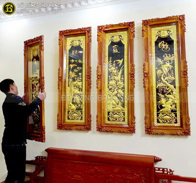 Tranh Tứ Quý mạ vàng 24k khung gỗ gõ 1m33 cho khách Quỳnh Côi
