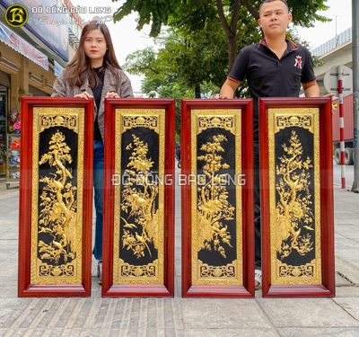 Lắp đặt tranh Tứ Quý mạ vàng 24k 1m07 khung gỗ Chò