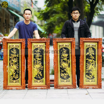 Tranh Tứ Quý Mạ Vàng Khung Gõ Đỏ cho khách Hạ Long - QN