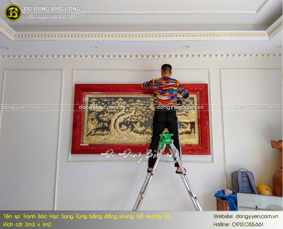 tranh bách hạc song tùng bằng đồng khung gỗ hương đỏ 2m3 x 1m2