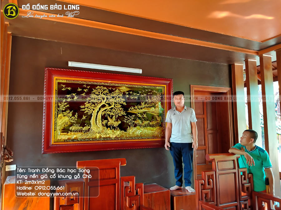 tranh đồng bách hạc song tùng khung gỗ chò chỉ 2m3x1m2