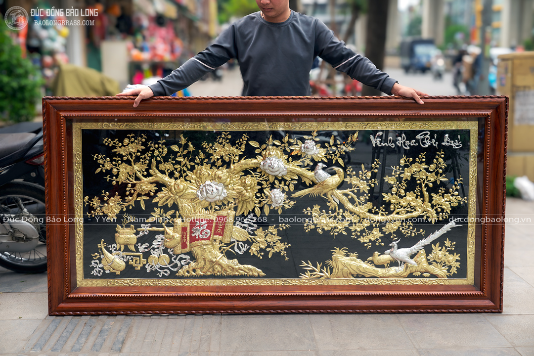 tranh đồng vinh hoa phú quý dát bạc kích thước 2m11 x 1m01