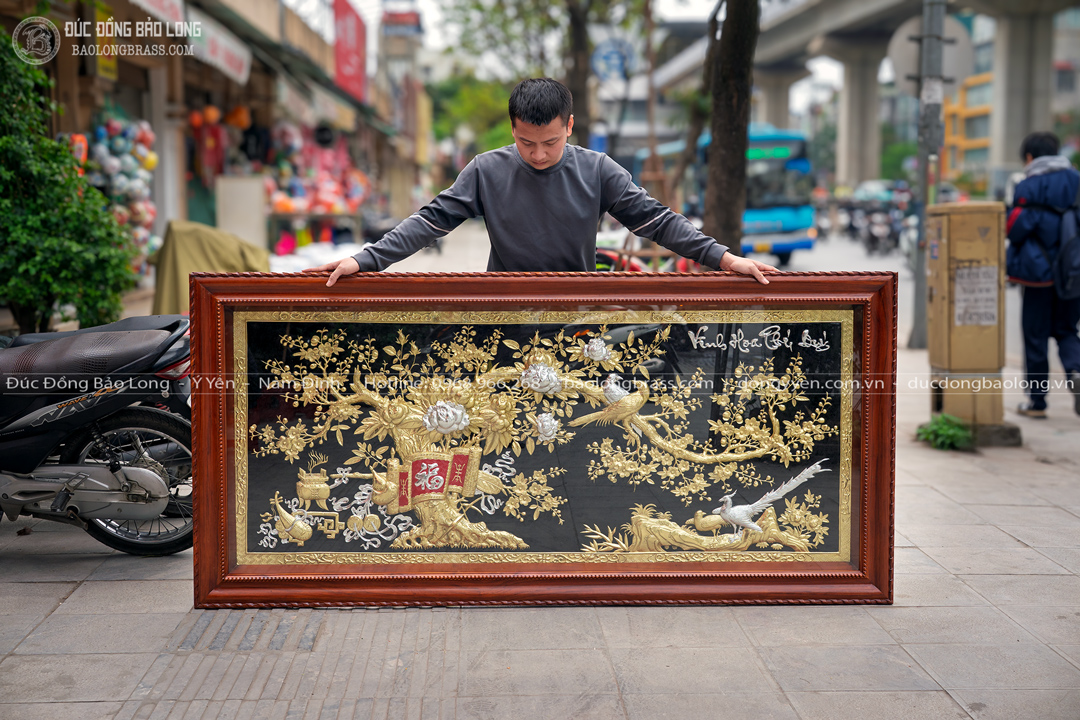 tranh đồng vinh hoa phú quý dát bạc kích thước 2m11 x 1m01 khung gỗ đỏ