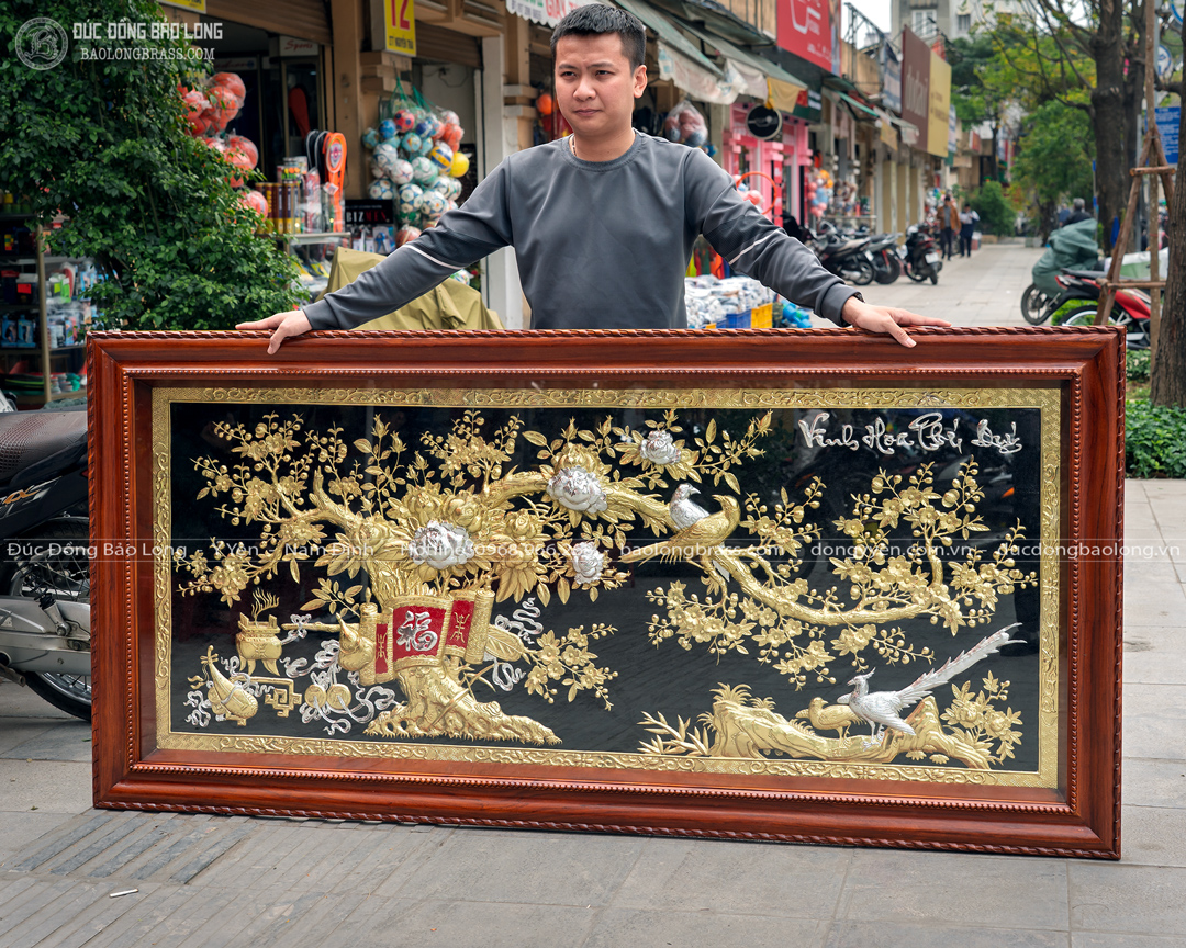 tranh đồng vinh hoa phú quý dát bạc kích thước 2m11 x 1m01 khung gỗ đỏ
