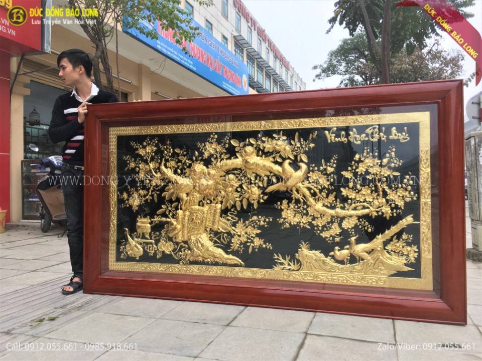 tranh vinh hoa phú quý bằng đồng khung gỗ gụ